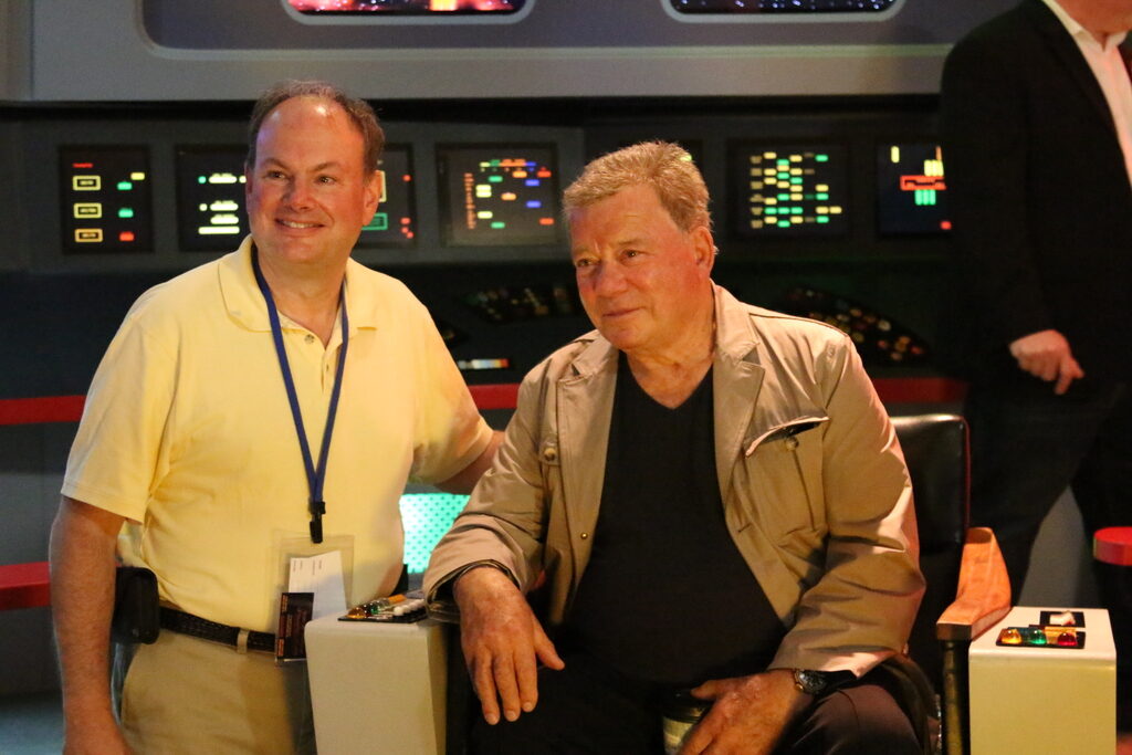 William Shatner on the Enterprise Bridge with a Fan